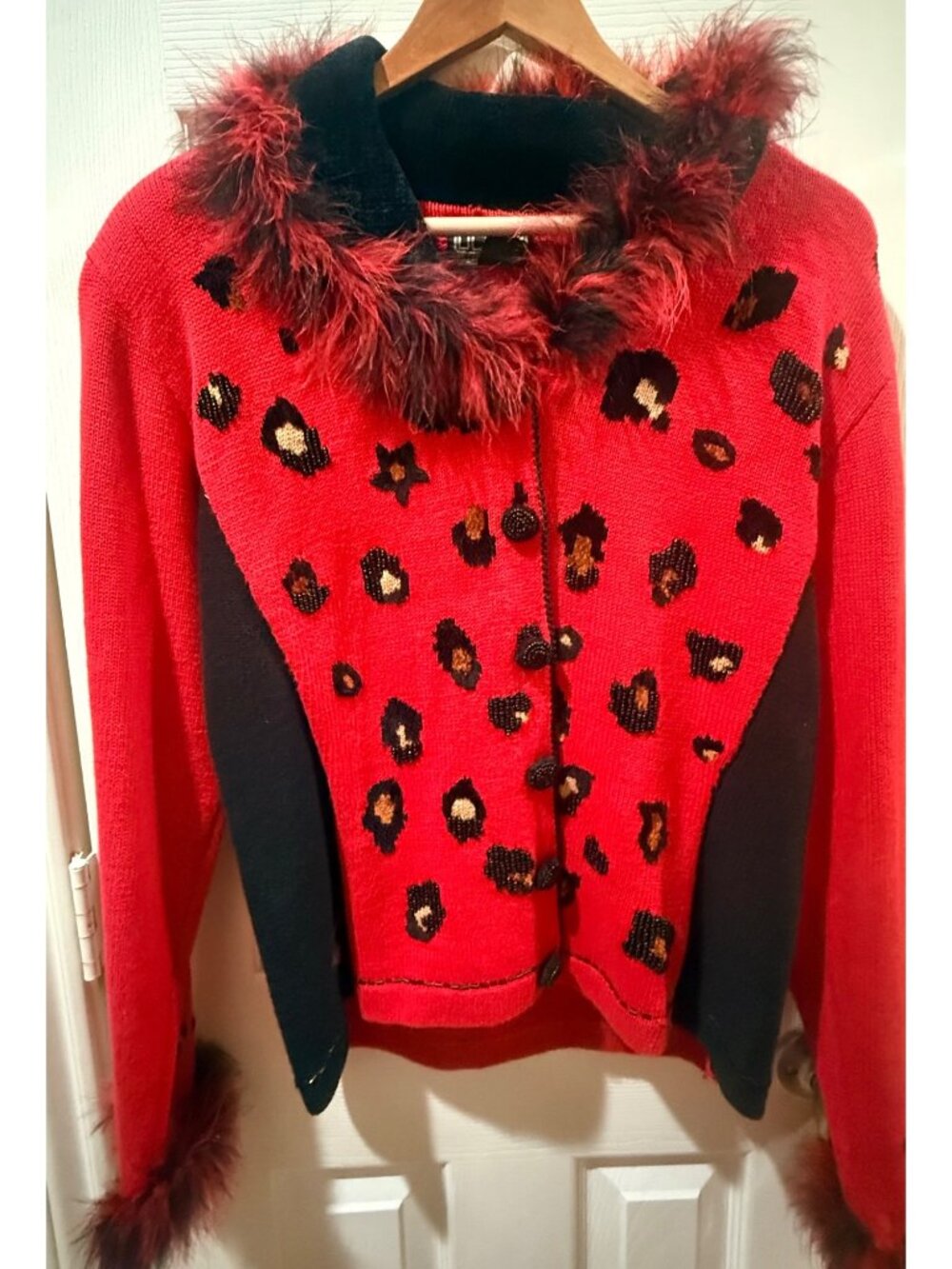 Vintage Red Leopard Print Cardigan Sweater With Faux Fur Collar & Cuffs By Takak